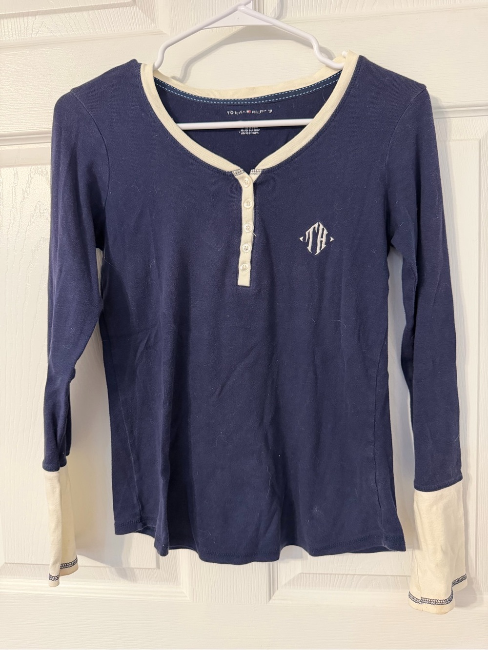 Tommy Hilfiger Navy Long-Sleeve Henley with Cream Trim